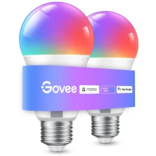 Govee Smart Glühbirne E27, WLAN LED Lampe RGBWW kompatibel mit Matter, Alexa und Google Assistant, dimmbare mit 16 Millionen DIY-Farben, 800LM, 54 Szenen, Smart Home Alexa Zubehör, 2 Stück