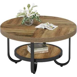 Tribesigns Runder Couchtisch, Industrial 2-stöckiger Sofatisch mit Lagerung Regale, 79 cm Mitte Tisch Sofa Beistelltisch mit gebogenen Metallbeinen - Braun