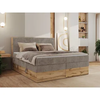 MKS Meble Boxspringbett WOOD CLASSIC KING, Doppelbett mit zwei Multipocket-Matratze und Toppper, hohe Kopfteil, Stauraum - 140 x 200 cm - H3 - Hellbraun Cord - Braun