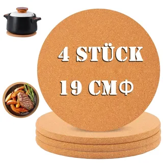 4 Pack Topfuntersetzer Kork, 19 cm Holz Korkuntersetzer, Rutschfester Hitzebeständiger Untersetzer, Wiederverwendbar Hitzebestaendig Untersetzer Kork für Zuhause Küche Wohnzimmer
