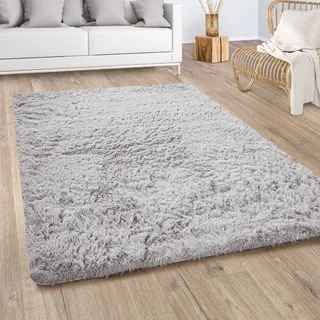 Paco Home Hochflor Teppich Wohnzimmer Fellteppich Kunstfell Flauschig Grau silber Grösse:140x200 cm