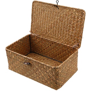 Esoes Aufbewahrungskorb aus geflochtenem Rattan, Aufbewahrungsbox mit Deckel, Seegras, Wäschekörbe, Make-up-Organizer für Badezimmer, Wohnzimmer, Küche