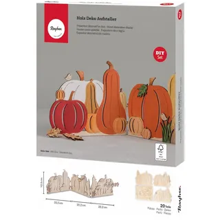 Rayher Holz Deko Aufsteller Kürbis, 3 Teile je 20,2 cm, Gesamtlänge Paravent zickzack ca. 48 cm, Höhe ca. 10,5–15 cm, Holzbausatz 20teilig, FSC zertifiziert, Herbstdekoration, Holzdekoration, 64029505