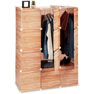 Relaxdays Kleiderschrank Stecksystem, 8 Fächer, Kunststoff, Türen, Kleiderstangen, Garderobenschrank 145 hoch, Holzoptik