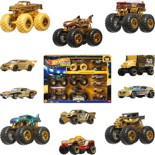 Hot Wheels Spielzeugautos und -Trucks, Monster Trucks Trophy Champions Collection mit Die-Cast-Bigfoot, 5-Alarm, Bone Shaker, Mega-Wrex und Tiger Shark sowie 6 Autos, JDW07