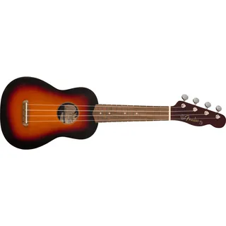 Fender California Coast Venice Sopran-Ukulele, 2-Tone Sunburst, Walnuss-Griffbrett, Schlanker C-Hals, No-Tie Steg, 4-in-Line Tele Kopfplatte