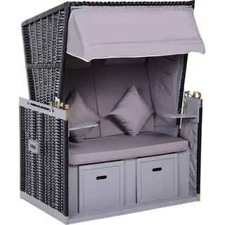 Strandkorb 2-Sitzer, Kunststoffrattan, 118x79x150 cm, Grau, 5-fach verstellbare Rückenlehne, Klapptische, Sonnendach - Grau