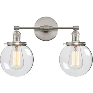 Phansthy Vintage Wandleuchte industrie Wandlampe 2 Flaming Klarglas Wandbeleuchtung,Loft-Wandlampe Retro Design Spiegelleuchte Schlafzimmerleuchte Küchenwandleuchte (Gebürsteter Edelstahl Farbe)