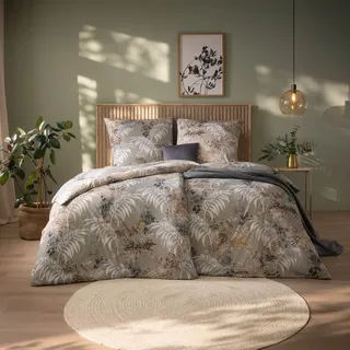 Estella Mako Jersey Bettwäsche 135x200 Ronja khaki Blätter Farn beige 6514-016 - Grün