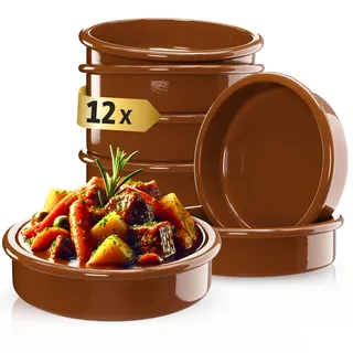 ToCi 12 x Tapas-Schalen Braun Ø 11,5 cm – Spanische Cazuela Schälchen aus Ton 175 ml - Kleine Auflaufformen & Dessertschalen für Tapas, Fingerfood, Crème Brûlée & Ofengerichte