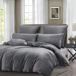 Boqingzhu Flanell Winter Bettwäsche 200×220cm Plüsch Biber Grau Warm Kuschelig Flauschig Bettwäsche Teddy Fleece Samt Cashmere Touch Bettbezug 200×220cm mit Reißverschluss