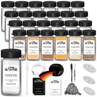Miorkly 24 Gewürzgläser Eckig mit Streueinsatz,Edelstahl Schwarz Deckel Gewürzdosen Set 120ml,Gewürzstreuer Glas mit Streuer-Aufsätze,Trichter,Etiketten & Kreidestift,Küchen Organizer