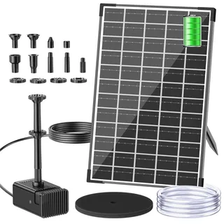 Biling 12W Solar Springbrunnen für außen mit 5000 mAh Akku, Leise 300 l/h Teichpumpe Solar mit 8 Düsen Schlauch, Solarbrunnen für Draussen Kleine Gartenteiche bis 5m2, DIY Mini Wasserspiel Fontänen