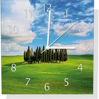 Wallario Design Wanduhr Kleiner Wald inmitten einer weiten Wiese aus Aluverbund, Größe 30 x 30 cm - Schwarz