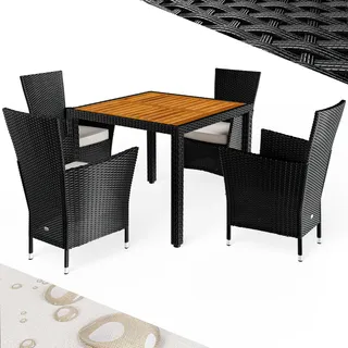 CASARIA® Gartenmöbel Set Holz Balkon Wetterfest 4 Personen Polyrattan Akazie Outdoor 7cm Auflagen Stapelbar Gartenstühle Gartentisch Garten Terrasse Möbel - Schwarz