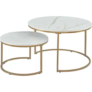 [en.casa] Couchtisch Christchurch 2er Set Marmoroptik, Weiß/Gold