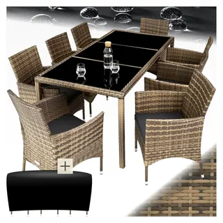 Edles Outdoor Gartenmöbel Set Rattan Sitzgruppe mit Sessel und Tisch für 8 Personen, inkl. Schutzhülle und Polstern, wetterfest - Natur/dunkelgrau - Dunkelgrau