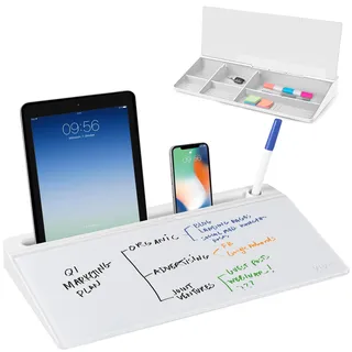 VIVO Whiteboard aus Glas, 40,6 x 17,8 cm, trocken abwischbar, mit Stauraum, Schreibtisch-Whiteboard-Organizer mit versteckten Fächern und Geräteschlitz, DESK-WB16A