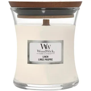 WoodWick Mini-Duftkerze im Sanduhrglas mit knisterndem Docht | Linen | Brenndauer bis zu 20 Stunden, 85g