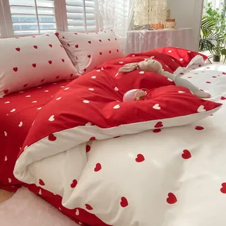 Freyamy Bettwäsche 135x200cm 2teilig Weiß Rot Herz Mädchen Bettwaren-Sets Romantisch Liebe Bettwäsche 100% Microfaser Liebesmotiv Bettbezug mit Reißverschluss und Kissenbezug 80x80cm