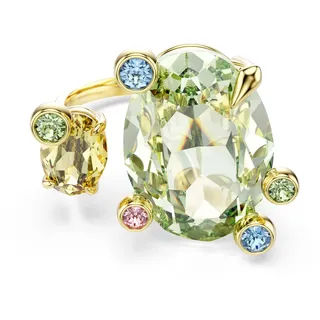 Swarovski Gema Offener Ring, Mehrfarbiger und Vergoldeter Damenring mit zwei großen Kristallen in Grün und Gelb und kleinen bunten Kristallen in abgerundeter Krappenfassung, Größe: 58