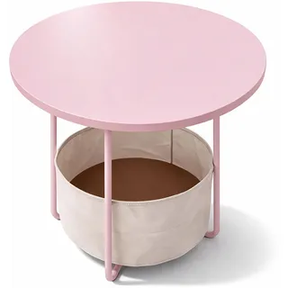 Relaxdays Beistelltisch, runder Couchtisch, mit Stoffkorb, HD 50x45 cm, Kaffeetisch Wohnzimmer, MDF , Metall, rosa-Creme