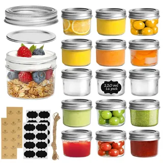 ComSaf 125ml Einmachgläser mit Schraubdeckel und Aufkleber Einmachgläser mit Deckel 16er, Kleine Marmeladengläser für Gewürze Hausgemachtes Essen, Gelee, Marmelade, Joghurtgläser, Mason Jars Gläser