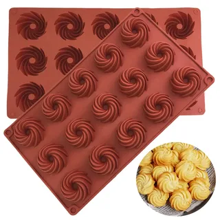 Bustlwor 2 Pcs Mini Gugelhupfformen, Silikonbackform, Gugelhupfform Silikon, Silikon Gugelhupf Kuchenform Klein aus 15 Löcher, für Diy Backen Muffins Cupcakes Brownies Kuchen Pudding (Braun)
