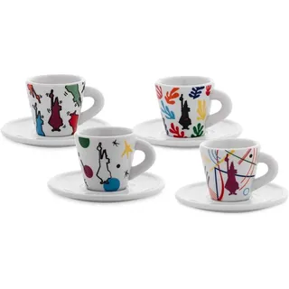 Bialetti 4-teiliges Espressotassen-Set mit Untertassen aus weißem Porzellan, konisch geformt, 60 ml Kapazität, Kunstdekorationen von Mirò, Kandisky, Haring, Matisse