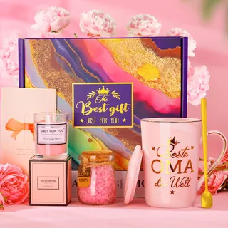 ALBISS Oma Geschenk zum Geburtstag Geschenkset, Lustige Geburtstag Geschenk Set, 400ml Marmor Keramik Kaffeetasse, Duftkerze, Badesalz, Entspannendes Spa-Badeset, Beste Oma Geschenke, Geschenkbox