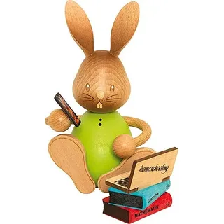 Drechslerei Kuhnert Osterdekoration/Osterhase „Stupsi Hase Homeschooling mit Laptop“ 11 cm, aus feinstem Holz, für ein bezauberndes Osterfest oder eine dauerhafte Dekoration, Holzkunst Made in Germany
