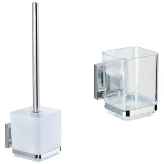 WENKO Vacuum-Loc® Wand WC-Garnitur Quadro, Toilettenbürste mit offenem Bürstenhalter, 9,5 x 37 x 12,5 cm & Vacuum-Loc® Zahnputzbecher mit Halterung Quadro, 7,5 x 10 x 10 cm