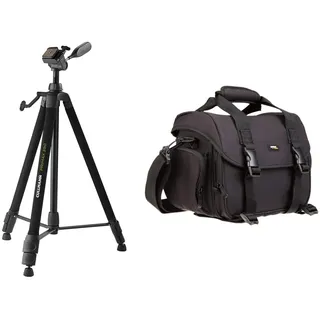 CULLMANN - 51391 - Primax 390 Dreibein-Kurbelstativ inkl. 3-Wege-Kopf mit Kamera-Schnellkupplung (1/4") & Amazon Basics - Große L Umhängetasche für SLR-Kamera und Zubehör, schwarz mit orange