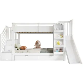 Modfu Etagenbett aus Kiefer und MDF 90x200 cm Weiß mit Rutsche, Treppenregal, Bilderbuchregal und 2 Schubladen , Holzwerkstoff , 90x200 cm , Babymöbel & Kindermöbel, Kinderzimmer & Jugendzimmer, Stockbetten