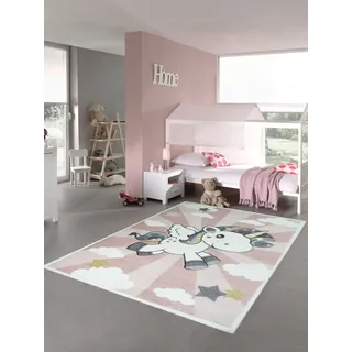 Traum Kinderteppich Spielteppich Babyteppich mit Einhorn Regenbogen in Rosa Creme Größe 80 cm Rund