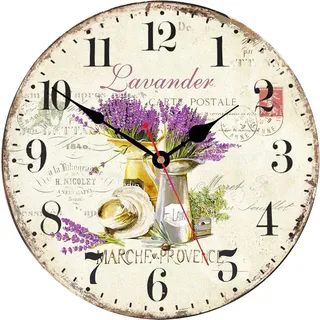 TAHEAT 30 cm Lila Lavendel Blume Wanduhr, Holz Rustikale Vintage Uhren, Leise Ohne Tickgeräusche Landhausstil Wanduhren für Wohnzimmer/Schlafzimmer/Küche/Esszimmer