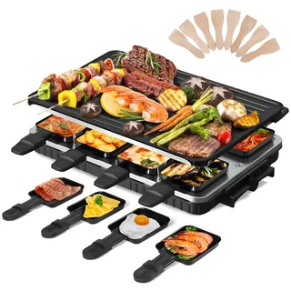 2-in-1 Raclette Grill 8 Personen Elektrisch Tischgrill Antihaftbeschichtet Wende-Grillplatte Elektrogrill Rauchfreier Raclette mit 8 Mini Raclette Pfännchen & 8 Schaber Spülmaschinenfest 1300W