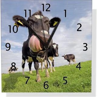 Wallario Design Wanduhr Lustige Kuh auf der Weide mit herausgestreckter Zunge aus Aluverbund, Größe 30 x 30 cm - Blau