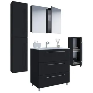 Mid.you Badezimmer , Schwarz , Metall , 5-teilig , 3 Fächer , 3,3 Schubladen , 146 cm , stehend, hängend , Badezimmer, Badmöbelsets & Badmöbelserien, Badmöbel-Sets