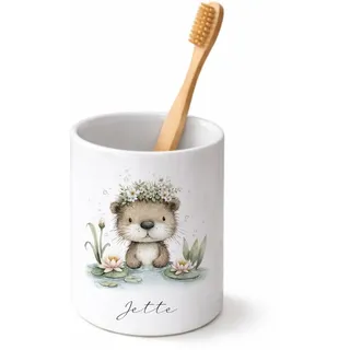 Personalisierter Zahnputzbecher für Kinder mit Namen - Keramik Trinkbecher & Zahnbürstenhalter - Individuelles Geschenk zu Einschulung, Kindergarten & Geburtstag (Otter)