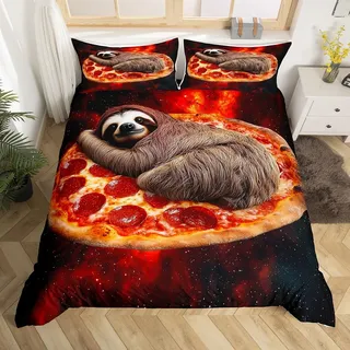 Homewish Faultier Bettwäsche 135x200 Kinder, Cartoon Lustiges Tier Bettbezug Set für Jungen Mädchen Erwachsene, Fast Food Pizza Galaxy Muster Schlafzimmer Dekor Bettwäscheset 2-Teiliges Mikrofaser
