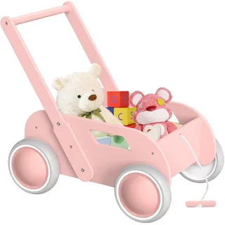 Lauflernwagen Holz, Baby Lauflernhilfe für Junge und Mädchen, Kinderwagen aus Holz, Baby Walker mit Rädern, Geschenk für Geburtstag Weihnachten, Rosa