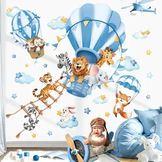 decalmile Wandsticker Kinder Heißluftballon Blau Wandtattoo Tiere Giraffe Löwe Tiger Wolken Wandaufkleber Kinderzimmer Jugendzimmer Schlafzimmer Spielzimmer Wanddeko