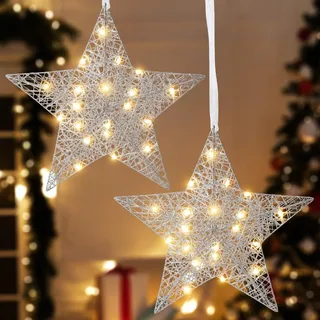 Lewondr LED Weihnachtsdeko Aussen Stern 2 Stück, 30cm Sternform Weihnachtsdeko Batteriebetrieben, Weihnachtsfensterbeleuchtung Hängelampe LED Deko Weihnachtsbeleuchtung Fenster für Innen, Silber