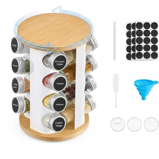 Songmics Gewürzregal drehbar, 16 Gewürzgläser, Gewürz-Organizer, Küchenschrank-Organizer, Gewürzständer mit Etiketten, Trichter, Marker und Bürste, mattweiß-naturbeige KCS256W101