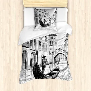 ABAKUHAUS Skizzenhaft Mantele, Mittelmeer-Urlaub, Milbensicher Allergiker geeignet mit Kissenbezügen, 135 cm x 200 cm - 80 x 80 cm, Schwarz und weiß - Schwarz