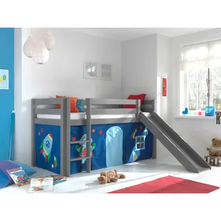 Hochbett VIPACK "Pino, Spielbett massiv Kiefer, stabil gebaut, 3 Korpusfarben zur Wahl", grau (grau lackiert, astronaut), B:218cm H:114cm L:210cm, Hochbetten, Hochbett, Textil-Set "Astronaut", inkl. Vorhang, mit oder ohne Tunnel