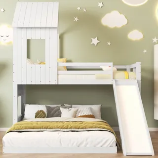 Merax Etagenbett 90x200/140x200cm mit Rutsche und Leiter,Kinderbett mit Rausfallschutz, Dach und Fenster,Massivholz Hochbett Stockbett Jugendbett Weiß - Weiß