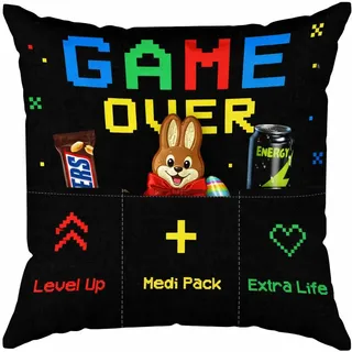 KAMACA Gamerkissen Dekokissen mit weicher Füllung 43 × 43 cm mit 3 befüllbaren Taschen für Snacks – Lustige Geschenkidee zu Ostern für Gamer, Zocker, Kollegen (Game Over A)