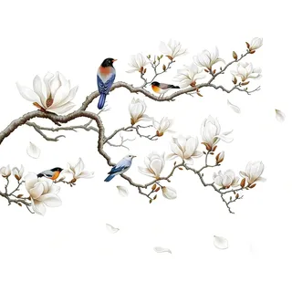 wocpvm Magnolie Wandaufkleber,Wandtattoo Blumen Weiß | Wohnzimmer & Schlafzimmer, Dekoratives Wanddekal für Modernes Wanddekoration Motiv Blüten & Vögel